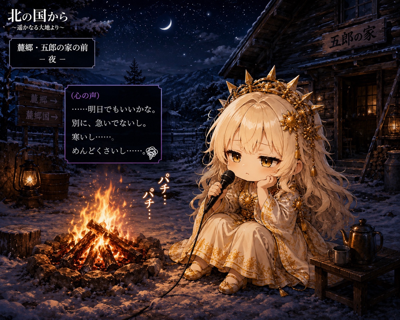 夜の焚き火の前で考え込むちび天照ちゃん